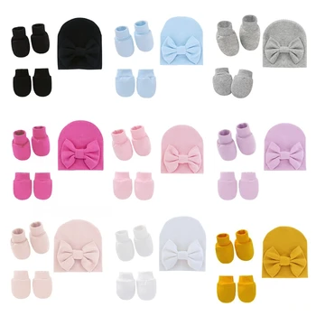 Q81A Детская шапочка с бантом, перчатки без царапин, Комплект чехлов для младенцев, Мягкие Хлопчатобумажные Варежки, Шапочка, Носки для новорожденных