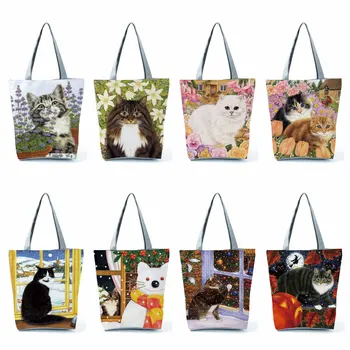 Женская дизайнерская сумка с рисунком милого кота, женские сумки с цветочным рисунком, Большая хозяйственная сумка, складная для продуктов, портативная