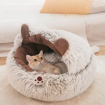 Зимняя плюшевая кровать для домашних кошек, Круглая подушка для кошек, Домик 2 В 1, Теплая корзина, спальный мешок, гнездо, питомник для маленькой собаки