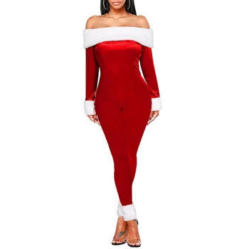 Рождественский комбинезон, женский Сексуальный модный комбинезон с плюшевой отделкой, с открытыми плечами, с длинным рукавом, облегающий комбинезон, бархатная одежда, клубная одежда для Рождественской вечеринки