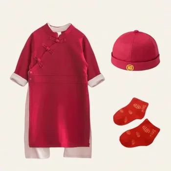 Традиционный китайский хлопковый красный костюм ручной работы с пуговицами и длинным рукавом для мальчиков и девочек, Детские подарки на День рождения, Реквизит для фотосессии, форма Тайцзи