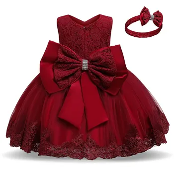 Праздничное платье для маленьких девочек 1-5 лет, кружевное Элегантное платье без рукавов, Милое платье для крещения новорожденных, Красное Рождественское платье