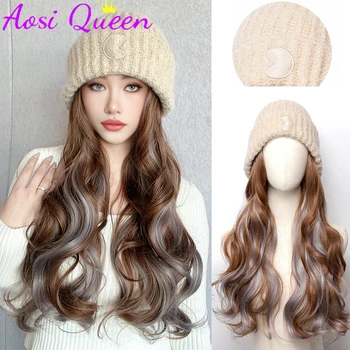 Женская шапка для длинных волос AOSI Wig, модные особенности парика, туманно-голубые Длинные вьющиеся волосы, большие волны, зимняя вязаная шапка-парик из толстой шерсти,