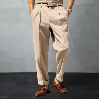Мужские брюки Стильные Мужские Костюмные Брюки Удобная Средняя Талия Широкие Штанины Из Дышащей Ткани для Официальной Деловой Офисной Одежды Усиленная