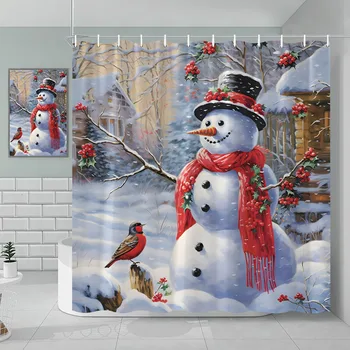 Рождественская Занавеска для душа Зимний Праздник Снеговик Красная Птица Рождественская Елка Заснеженный Лес Ферма Подарок Цветное Световое Украшение ванной комнаты
