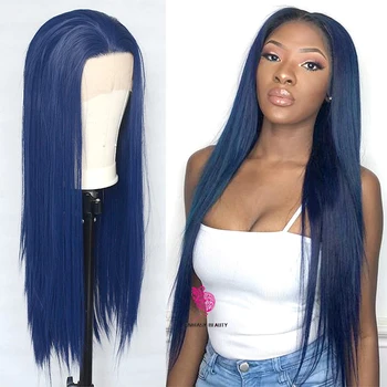 Темно-синий прямой термостойкий парик с кружевом спереди, высококачественный синтетический парик с детскими волосами для чернокожих женщин