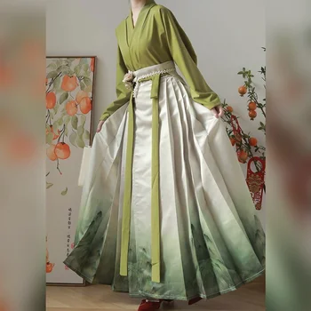 Китайский традиционный современный женский комплект из 2 предметов с принтом Hanfu, рубашка с длинным рукавом, топы и юбка, зеленый винтажный костюм для косплея на Хэллоуин