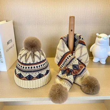 2 комплекта шапок, милая защита для ушей, теплые осенние и зимние мужские и женские вязаные шапки, новый жаккардовый и бархатный комплект в полоску, dou