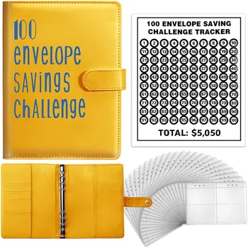 100 конвертов в переплете Challenge, папка для экономии бюджетных средств формата А5 - сэкономьте 5050 долларов с желтым цветом Money Saving Challenge
