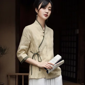 Летняя Новая рубашка в китайском стиле, костюм в стиле ретро Тан, Топы Hanfu Cheongsam, китайская Традиционная одежда Zen Tea Artist, Женская Элегантность