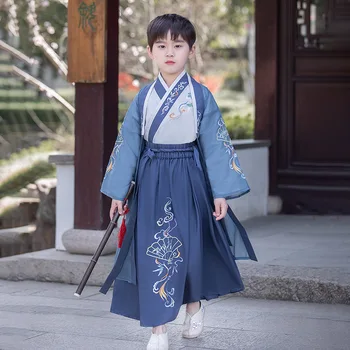 Синий сценический костюм Hanfu с вышивкой для мальчиков, китайское платье, костюм для маленьких мальчиков эпохи Тан, детский древний традиционный костюм для детей