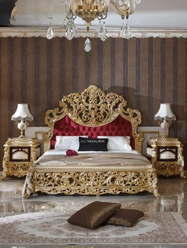 Вилла, двуспальная кровать с резьбой из массива дерева, Европейская роскошная кровать размера 