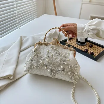 Женские клатчи для свадебной вечеринки, модная вечерняя сумочка с цветами, вышитая жемчужным бисером, с металлической ручкой, сумочка на цепочке, сумка через плечо