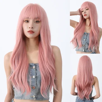 Розовый Длинный волнистый синтетический парик с челкой на Хэллоуин, волосы Лолиты для белых женщин, Красочный косплей, натуральный парик из термостойкого волокна