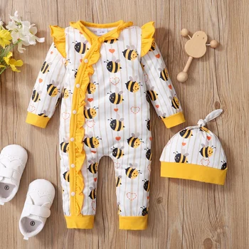 Комбинезон для новорожденных девочек 0-18 месяцев, Милая пчелка, Боди с длинными рукавами и оборками + Шляпа, костюмы для вечеринки по случаю дня рождения