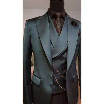 Темно-зеленый блестящий атласный приталенный комплект из 3 предметов, мужские костюмы, свадебные смокинги для жениха, Шаферское платье, куртка, жилет, брюки