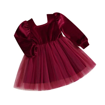 Тюлевое платье с длинными рукавами для маленьких девочек, детское платье-пачка, Бархатное платье, сетчатое платье из тюля в стиле пэчворк, платье с квадратным вырезом