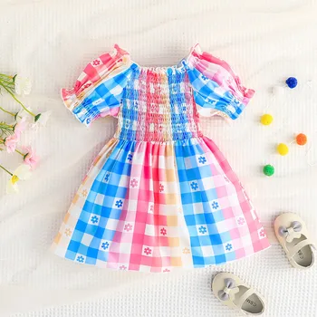 Летнее детское платье для маленьких девочек с коротким рукавом, Разноцветные клетчатые принты, Пляжный сарафан, платье принцессы для свадебной вечеринки, Vestidos