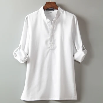 Мужская рубашка с длинным рукавом и воротником-стойкой, белая, лето 2023, ретро, китайский стиль, новая однотонная свободная рубашка с девятью рукавами