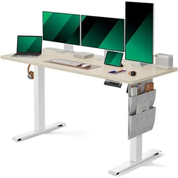 Стоячий компьютерный стол с регулируемой высотой 55x24 дюйма, с крючком для наушников ， Электрический стоячий стол с сумкой для хранения