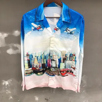 Повседневные рубашки на пуговицах с длинным рукавом и абстрактным художественным принтом, мужская гавайская рубашка, мужская рубашка Vetement Homme, Модный городской пейзаж, мужская рубашка