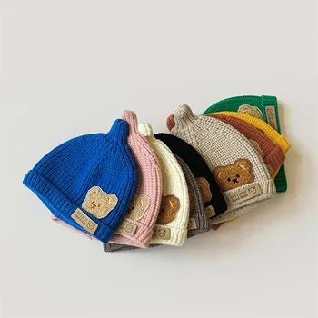 Детские шапочки для защиты ушей, пуловер с вышивкой милого медведя, шерстяная вязаная шапочка, осенне-зимние утолщенные теплые ветрозащитные шапочки для детей, детские шапочки