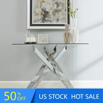 Консольный столик в современном стиле, узкий диванный столик со столешницей из закаленного стекла и металлическими трубчатыми ножками, 45 