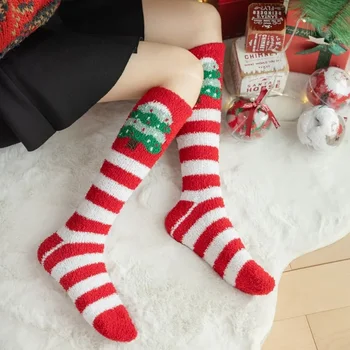 Японские коралловые бархатные чулки с мультяшной вышивкой, теплые Рождественские носки в пол, домашние носки из полувельвета.