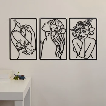 3 Части металлического минималистичного абстрактного женского настенного рисунка, Линейный рисунок настенного декора, Однострочный женский домашний подвесной настенный декор, прочный
