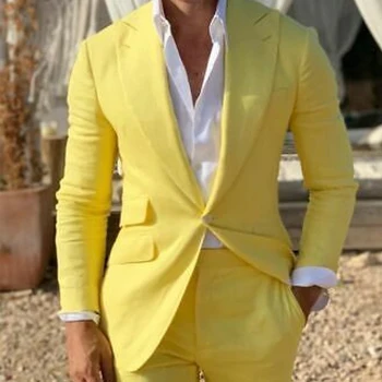 2023 Желтые Мужские Костюмы Пляжные Slim Fit 2 шт. Свадебный Жених Мужской Модный Костюм Смокинг Блейзер С Отворотом И Брюками