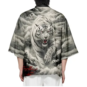 Японская уличная одежда, Кардиган с тигровым принтом, Женские и мужские рубашки-кимоно Харадзюку Хаори, Свободный топ для косплея Юката