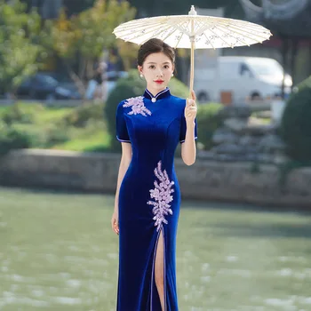 Женское китайское платье Ципао с классической аппликацией для выступления на сцене, Чонсам, сексуальное вечернее платье из велюра с разрезом 