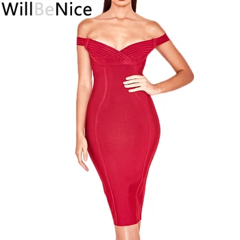 WillBeNice Классическое Винтажное Красное бандажное платье с открытыми плечами, облегающее Эластичное облегающее платье, женское Бюстье, V-образный вырез, Сексуальное платье