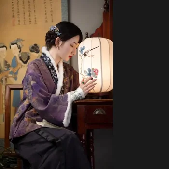 Зимний китайский костюм Тан, женский топ Чонсам, Фиолетовая хлопчатобумажная куртка с перекрестным вырезом, стеганый костюм с вышитой бахромой, Стеганый костюм