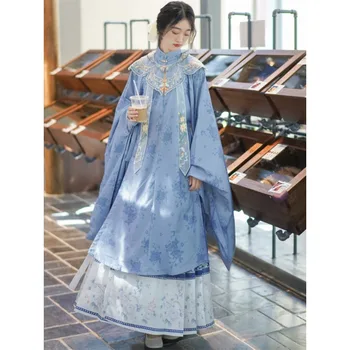 Весенний оригинальный костюм династии Мин Hanfu с тяжелой вышивкой жемчугом на плечах, юбка с лошадиным лицом, халат с цветочным принтом, женский халат