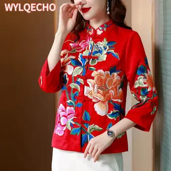 Куртка с цветочной вышивкой в китайском стиле, женский весенний костюм Tang с воротником-стойкой и пряжкой в стиле ретро, женская элегантная винтажная верхняя одежда, Новинка