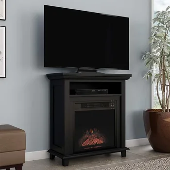 Подставка для телевизора у камина– 29-дюймовая отдельно стоящая консоль с полкой, искусственными бревнами и светодиодным пламенем, (черная)