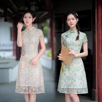 Летнее кружевное платье с цветочной вышивкой Cheongsam, тонкое женское платье, винтажное Ципао с коротким рукавом