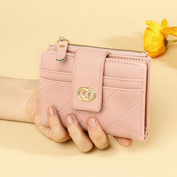 Женская короткая сумочка, кожаный дизайнерский роскошный кошелек, держатель для карт и монет, Маленький держатель для удостоверения личности, кошелек, Пряжка, Клатч на молнии, Розовый