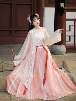 Древнее традиционное китайское женское элегантное платье Hanfu, сказочная вышивка, сценический народный танцевальный костюм в стиле ретро династии Сун, комплекты из 3 предметов