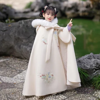 Зимний Теплый Толстый плащ Hanfu с вышивкой в виде цветка для девочек, китайская традиционная бархатная накидка, детский костюм, пальто для детей