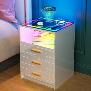 Прикроватный столик с сенсорным экраном RGB С портами USB и Type-C и 3 Выдвижными ящиками (Глянцевый белый) Кровати и мебель Прикроватные тумбочки