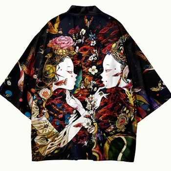 Рубашка с принтом самурайского кимоно, пальто, одежда Harajuku Man, традиционное кимоно унисекс, Юката Хаори, японское кимоно большого размера, кардиган
