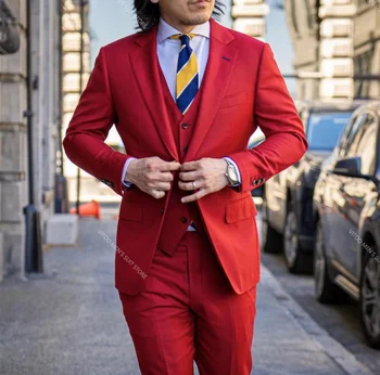Новое поступление, Красный мужской утренний костюм, свадебные костюмы для мужчин, лучшие мужские костюмы из 3 предметов (куртка + брюки + жилет), сшитые на заказ, Мужские костюмы
