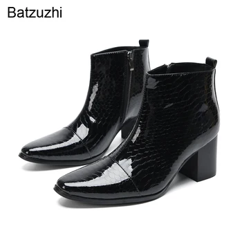 Batzuzhi/ Мужские ботинки на высоком каблуке 7,5 см, Черные короткие ботинки из натуральной кожи на молнии, Мужские Модные рыцарские ботинки на молнии для мужчин, размер Bg US6-12