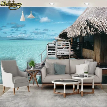 бейбеханг, Изготовленный на заказ коттедж с соломенной крышей у моря, Мальдивы, обои для гостиной, фотоискусство, 3D обои, домашний декор