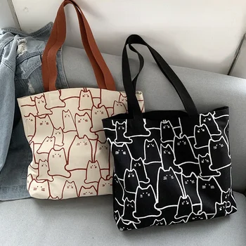TPJB Холщовые сумки Женская сумка для покупок Модная дизайнерская сумка в японском стиле с мультяшными милыми кошками Маленькая Эко сумка через плечо