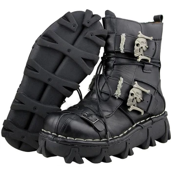 Мужские мотоциклетные ботинки из натуральной кожи, тактические зимние военные ботинки, готический череп, панк, ботинки до середины икры Western50