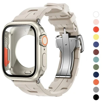 Силиконовый Ремешок + Чехол Для Apple Watch Band 44 мм 40 мм 45 мм 41 мм Металлический Складной Браслет с Пряжкой для iWatch 9 8 7 6 5 SE Ultra 2