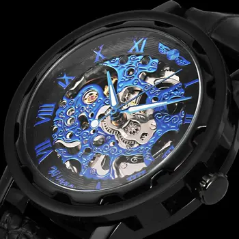 Механические мужские часы Winner Hand Wind Skeleton, черные, синие наручные часы, корпус из нержавеющей стали, кожаный ремешок, часы